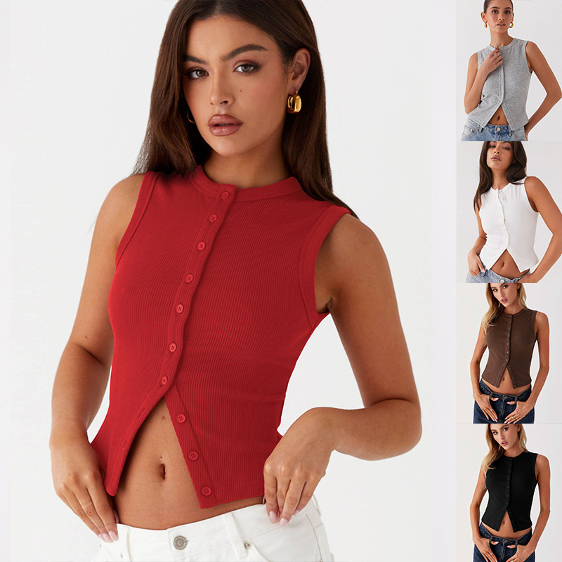 Tank Top Ribbed - Débardeur côtelé boutonné court Y2K, style